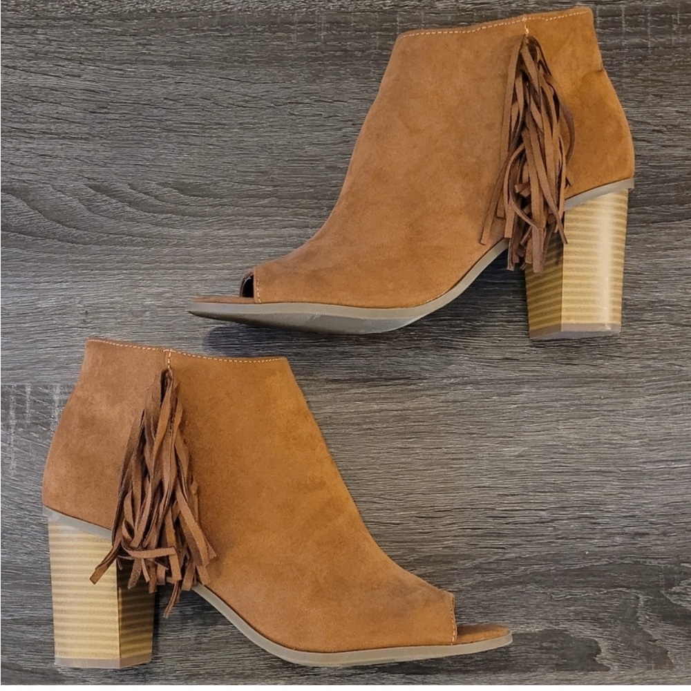 Express Tan Suede Ankle Chelsea Booties with Fringe & Open Toe